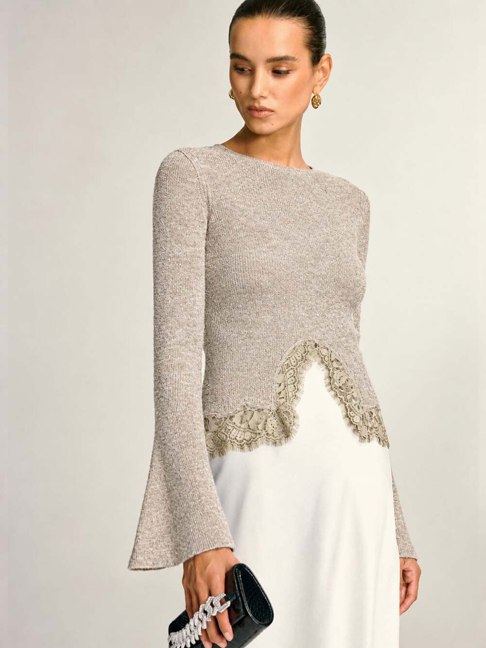 Commense Lace Hem Bell Sleeve Knit Top Size L